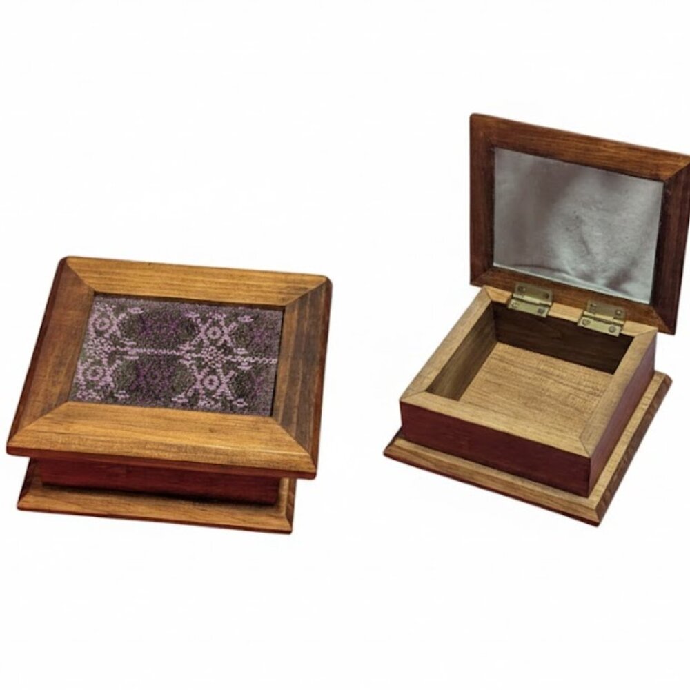 Embroidered Jewelry Box Wooden Mirror Needlepoint Trinket Keepsake Vintage Cross